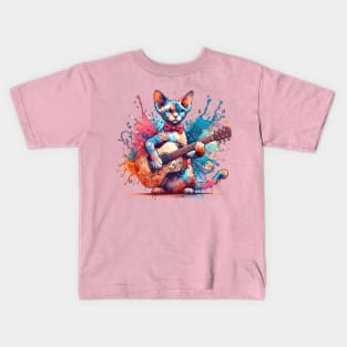 Devon Rex Cat Playing Guitar Kids T-Shirt